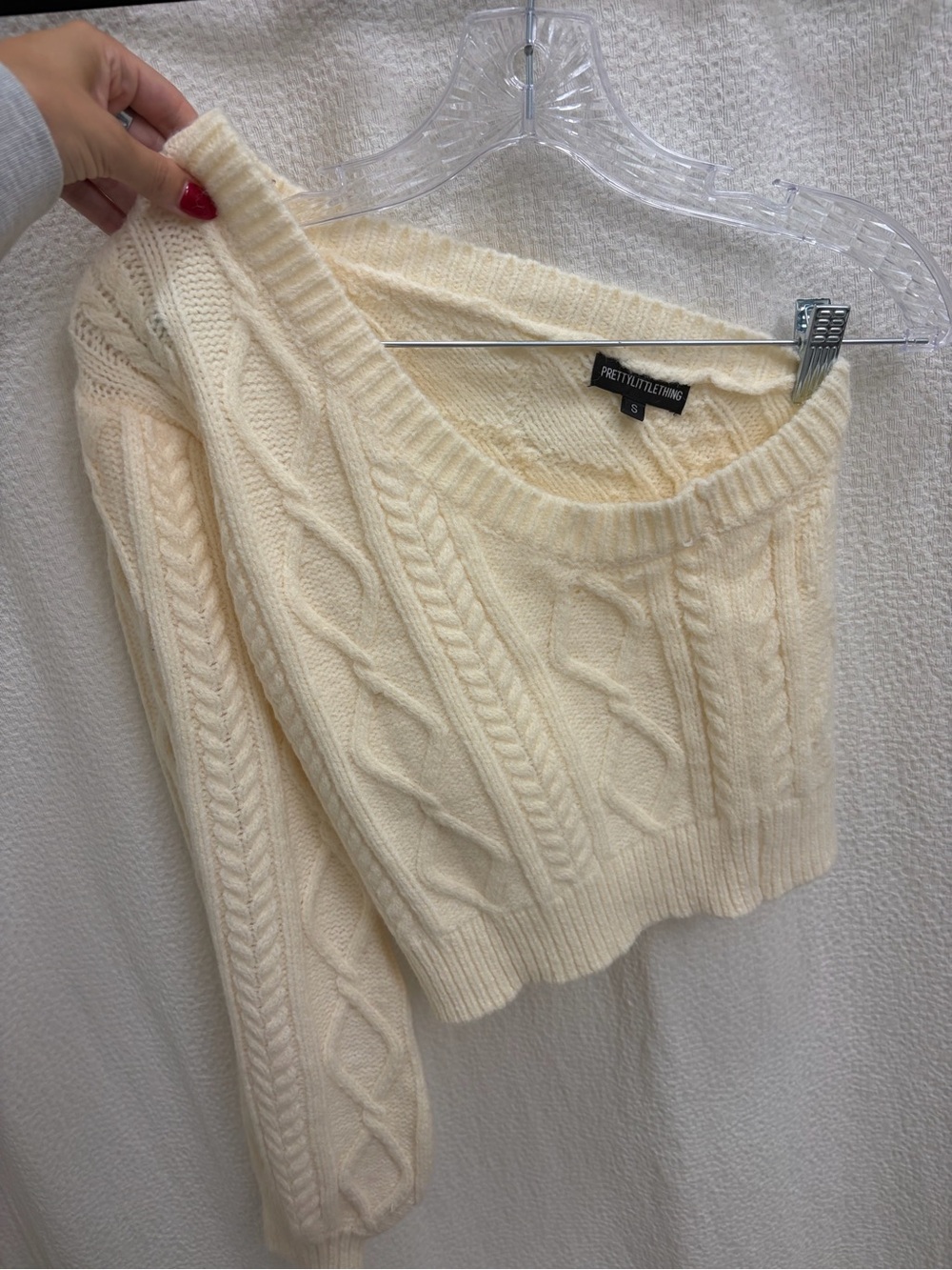 PrettyLittleThing Off-Shoulder Cable Knit Sweater in Cream